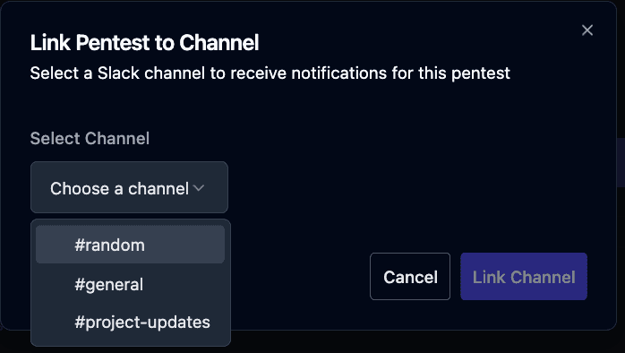 Link Pentests to Channels screenshot